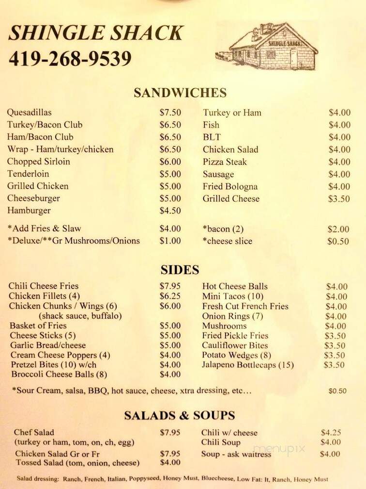 Shingle Shack Restaurant - Celina, OH menu_pic