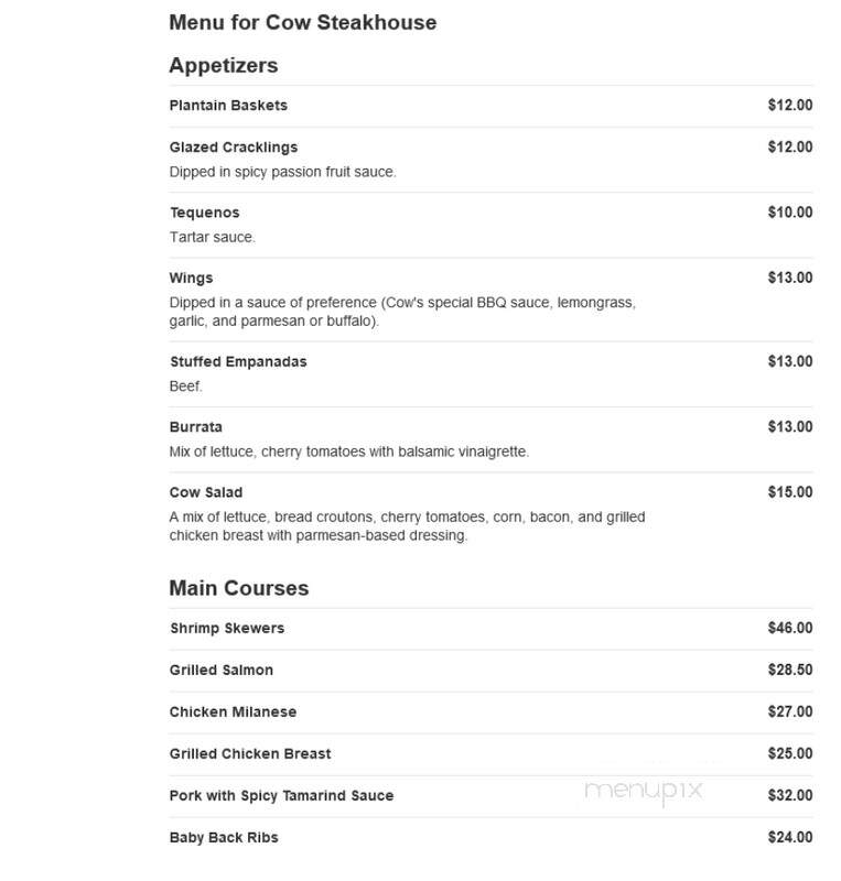 Cow Steakhouse - Kissimmee, FL menu_pic