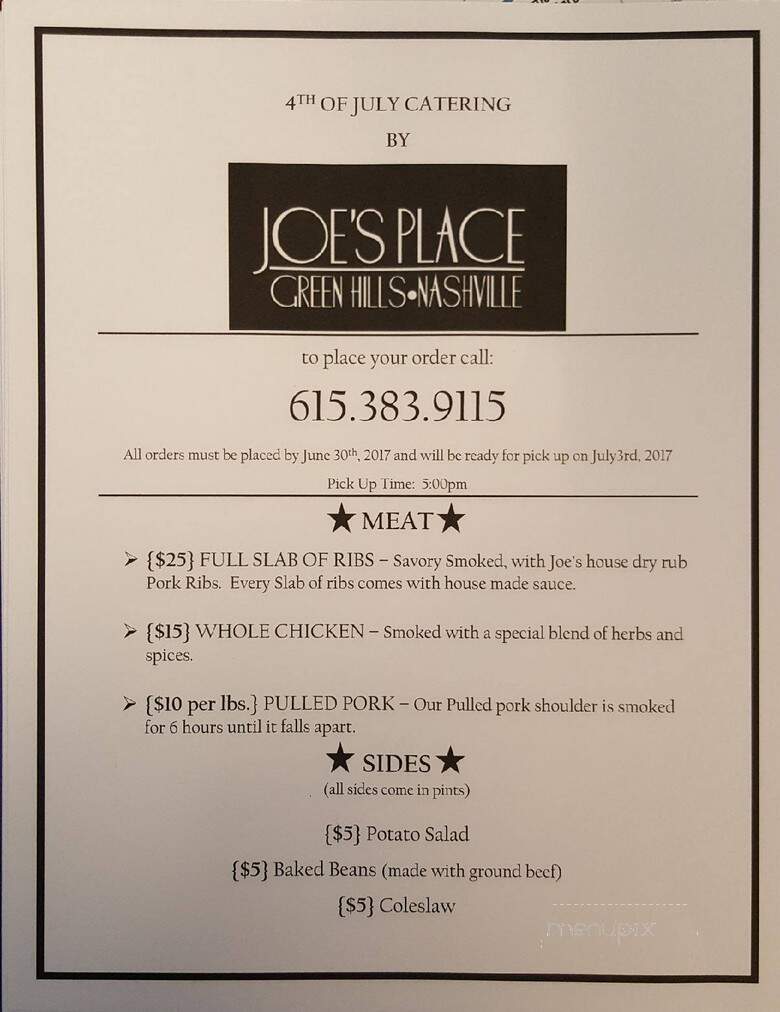 Joe's Place - Nashville, TN menu_pic