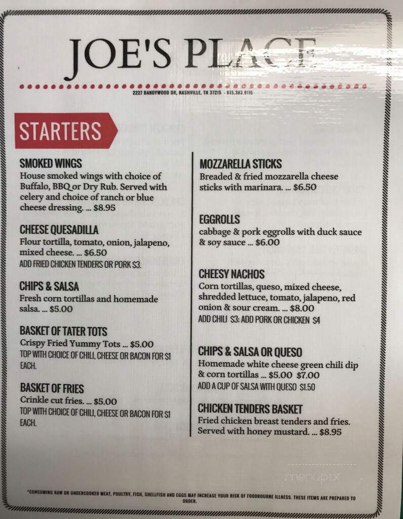 Joe's Place - Nashville, TN menu_pic