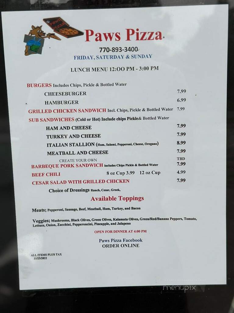 Paws Pizza & Grill - Ball Ground, GA menu_pic