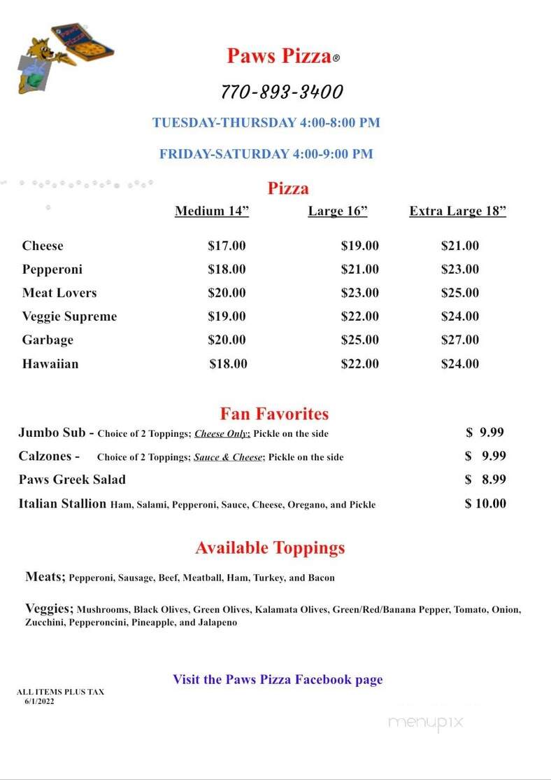 Paws Pizza & Grill - Ball Ground, GA menu_pic