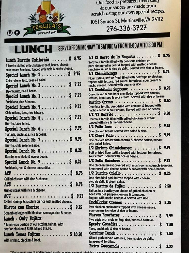 Tequila's Sports Bar and Grill - Martinsville, VA menu_pic