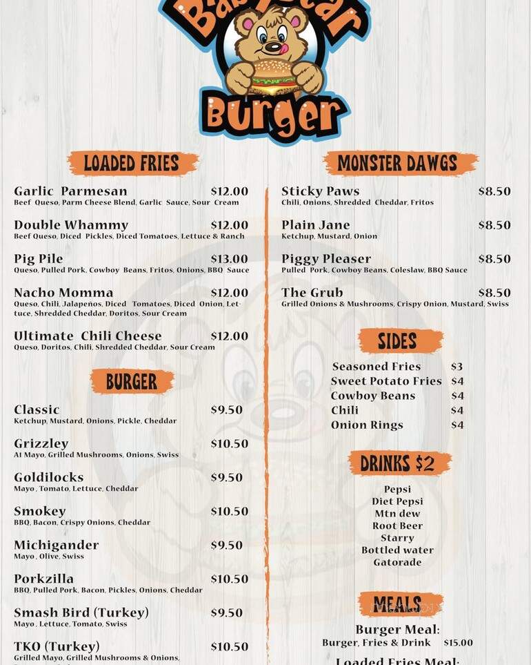 Baby Bear Burger - Jackson, MI menu_pic