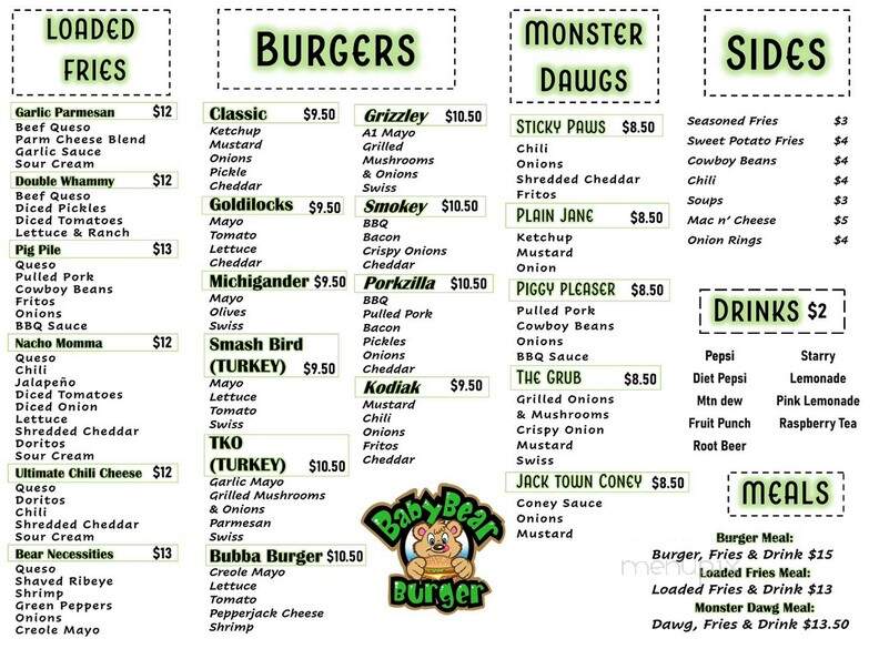 Baby Bear Burger - Jackson, MI menu_pic