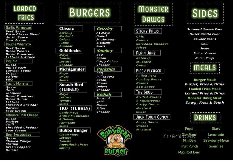 Baby Bear Burger - Jackson, MI menu_pic