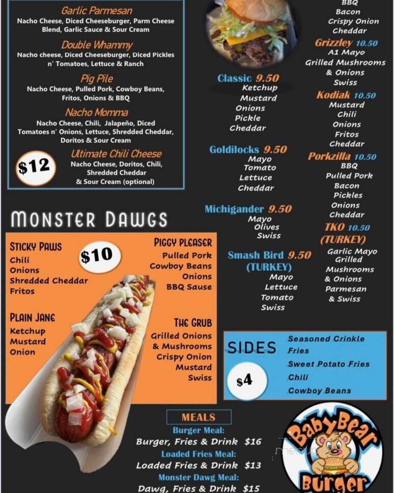 Baby Bear Burger - Jackson, MI menu_pic