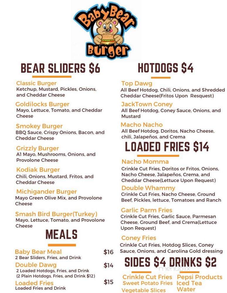 Baby Bear Burger - Jackson, MI menu_pic