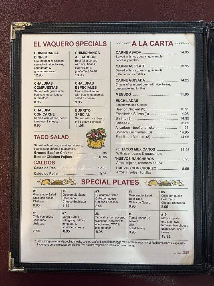 El Vaquero Restaurant - Houston, TX menu_pic