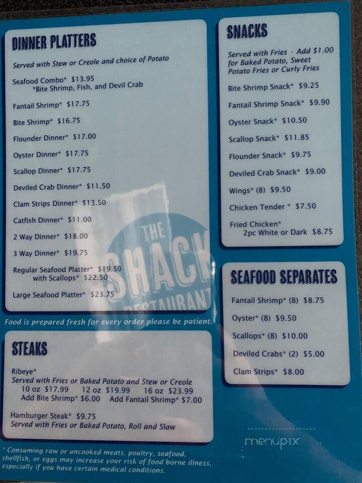 Seafood Shack - Hemingway, SC menu_pic