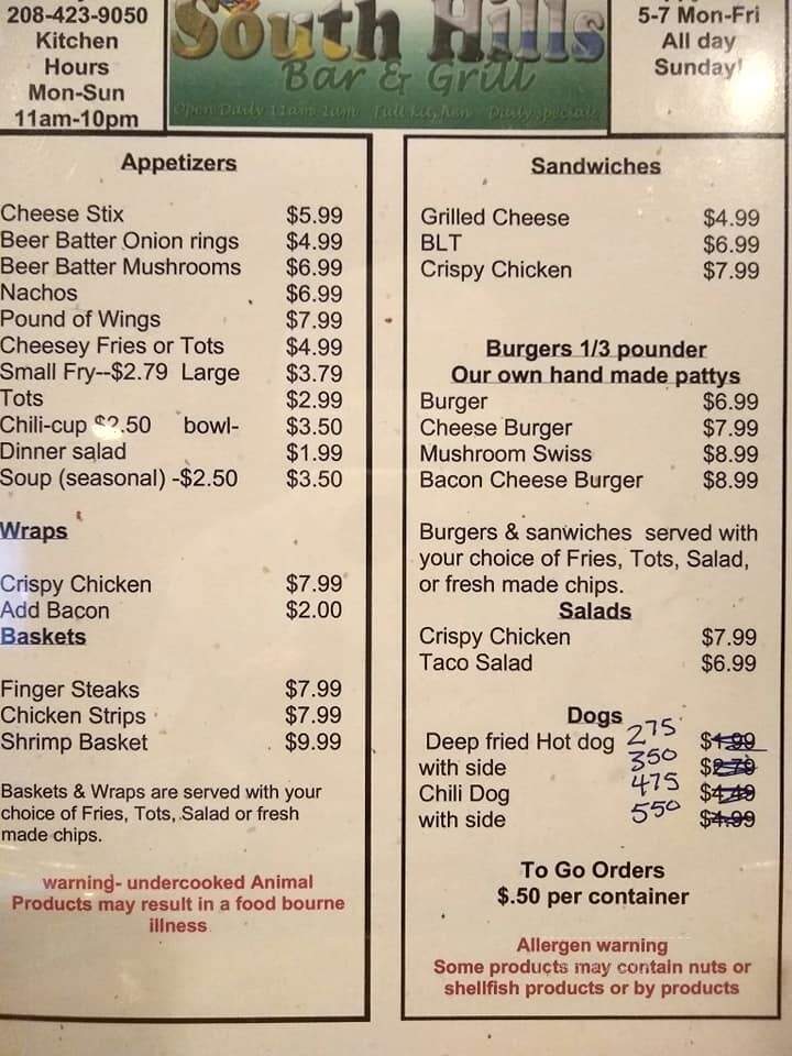South Hills Saloon & Restaurant - Hansen, ID menu_pic