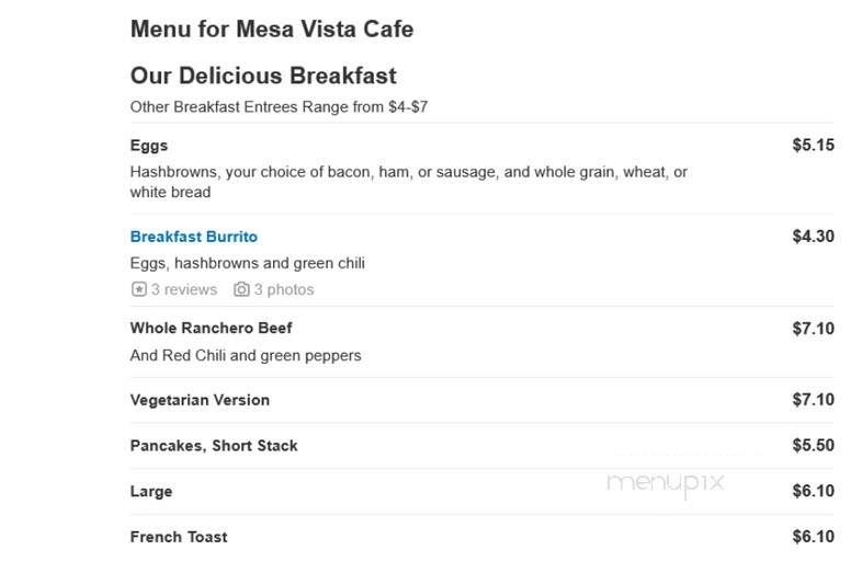 Mesa Vista Cafe - Ojo Caliente, NM menu_pic