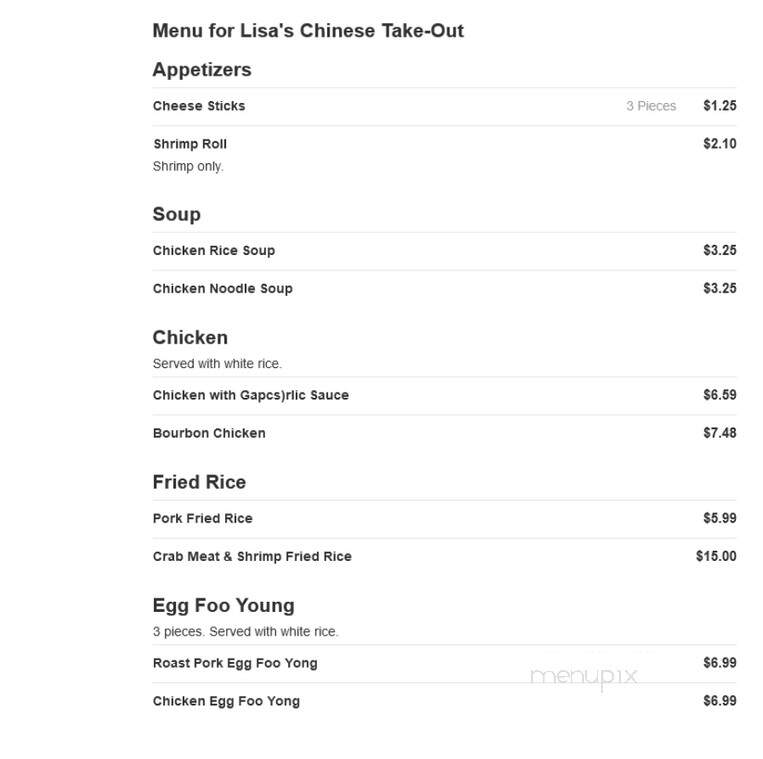 Lisa's Chinese Take Out - Savannah, GA menu_pic