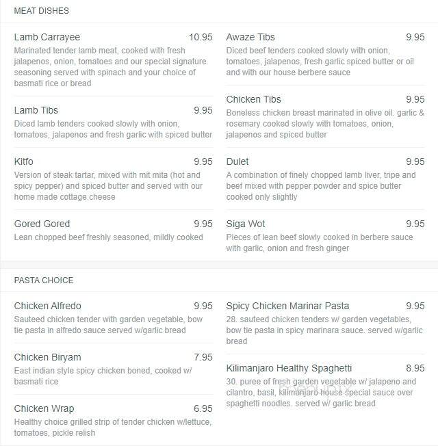 Kilimanjaro Restaurant - Minneapolis, MN menu_pic