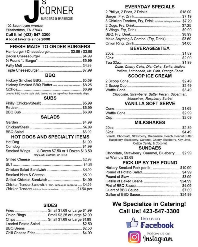 J's Corner - Elizabethton, TN menu_pic