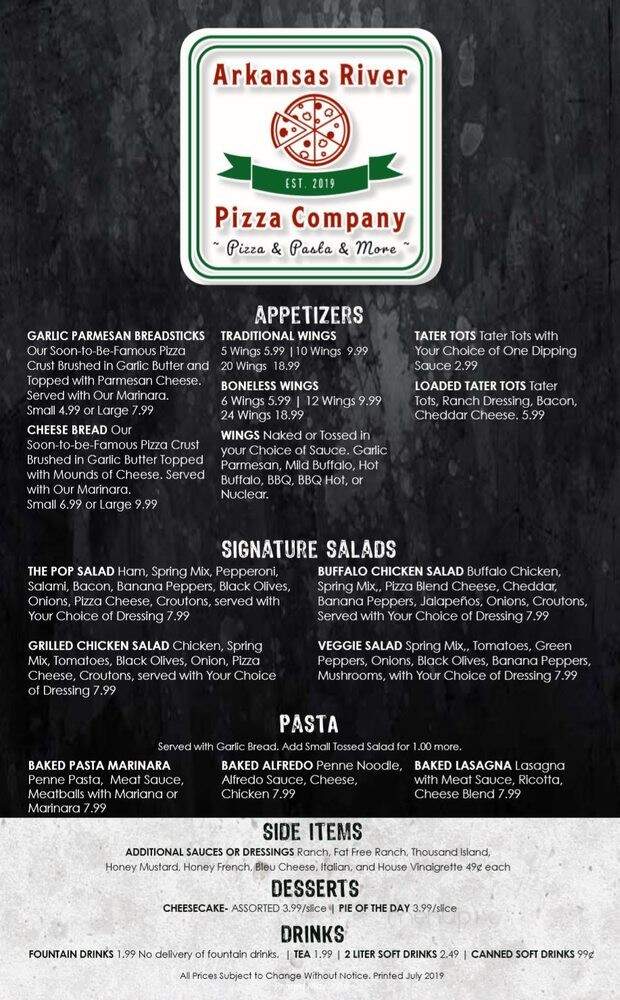 Arkansas River Pizza Company - Pottsville, AR menu_pic