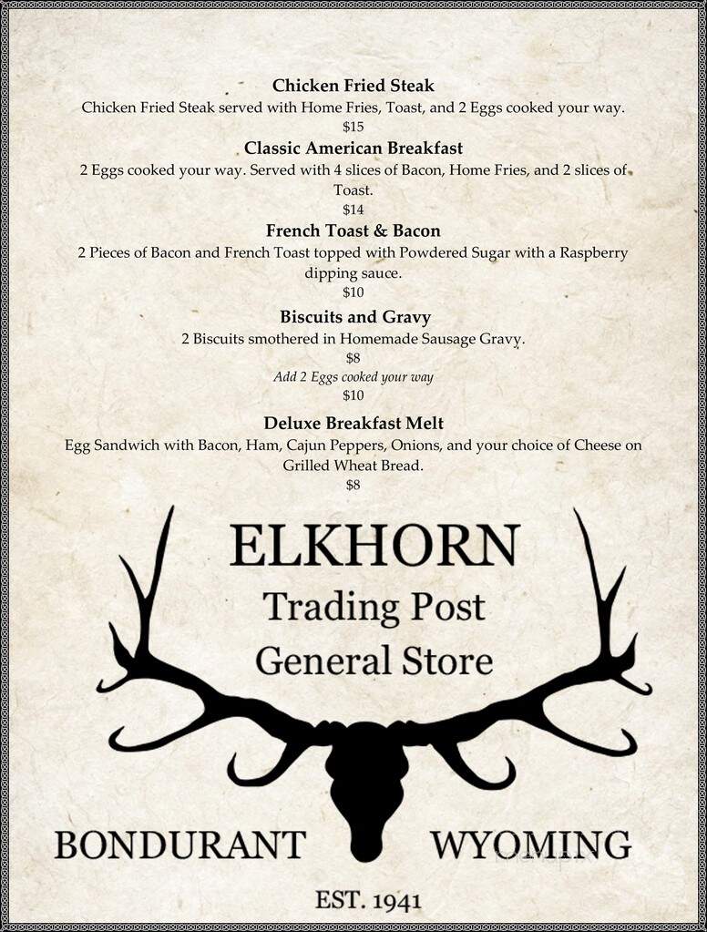 Elkhorn Bar & Trading Post - Bondurant, WY menu_pic