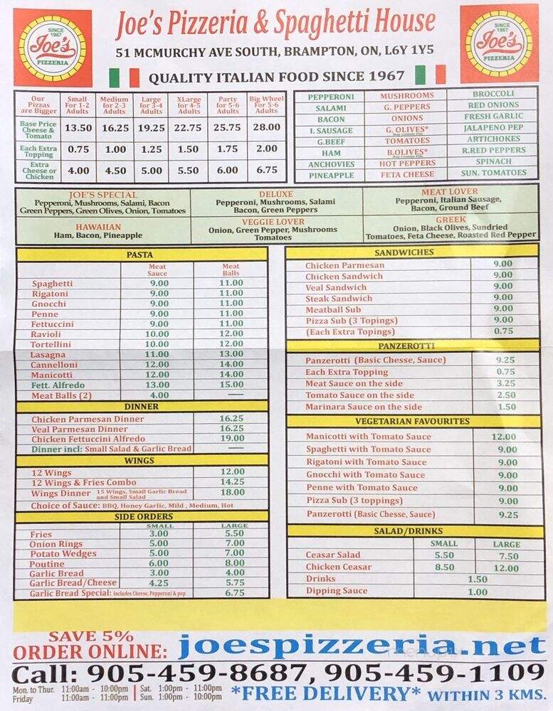 Joe's Pizza and Pasta House - Brampton, ON menu_pic