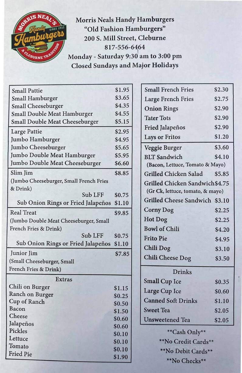 Morris Neals Handy Hamburgers - Cleburne, TX menu_pic