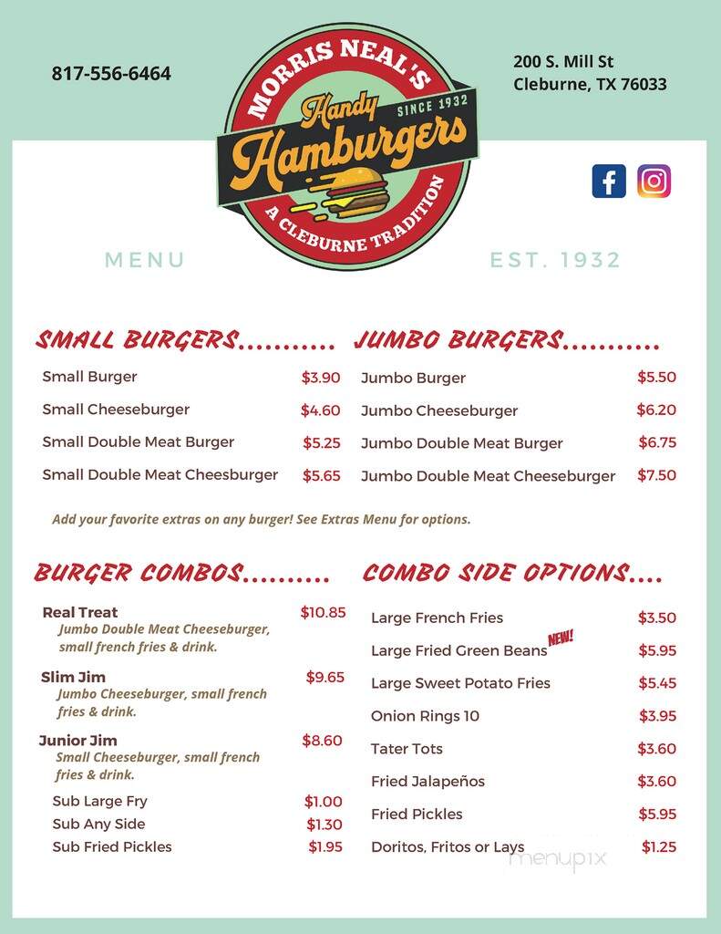Morris Neals Handy Hamburgers - Cleburne, TX menu_pic
