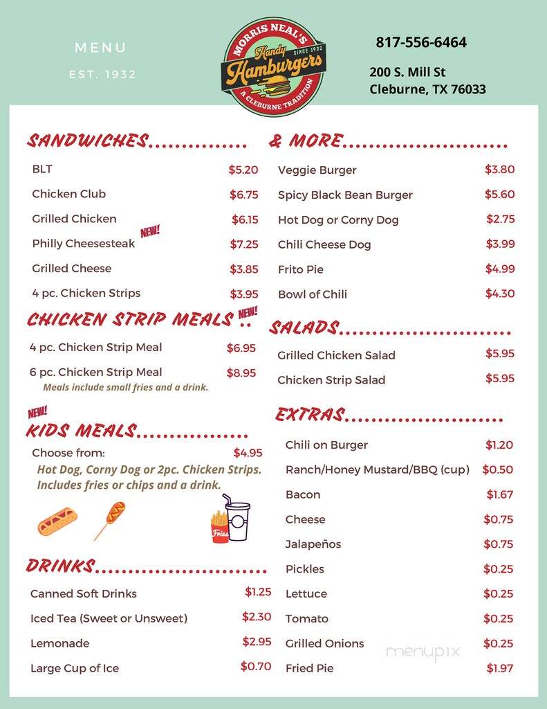 Morris Neals Handy Hamburgers - Cleburne, TX menu_pic