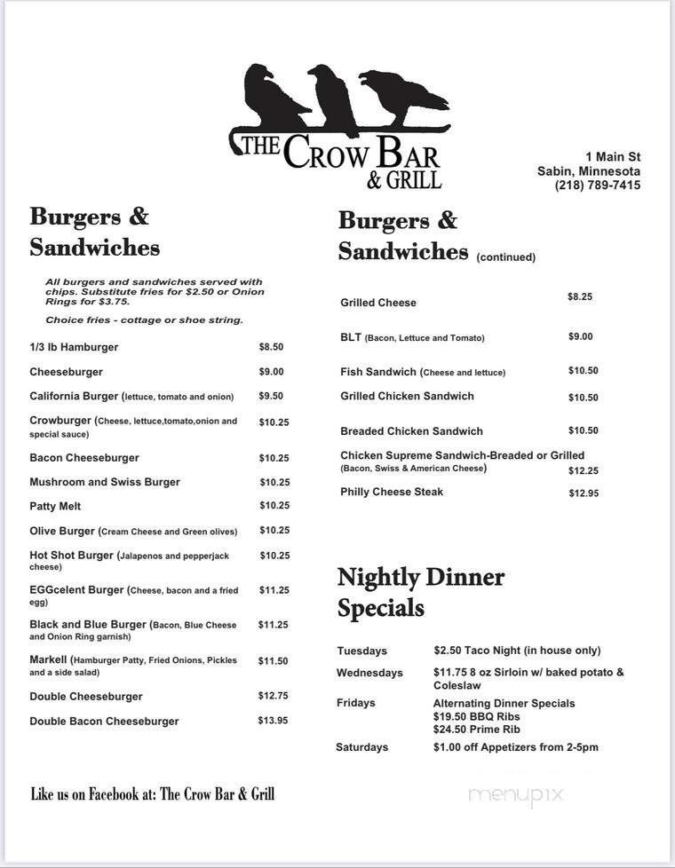 Crowbar & Grill - Sabin, MN menu_pic