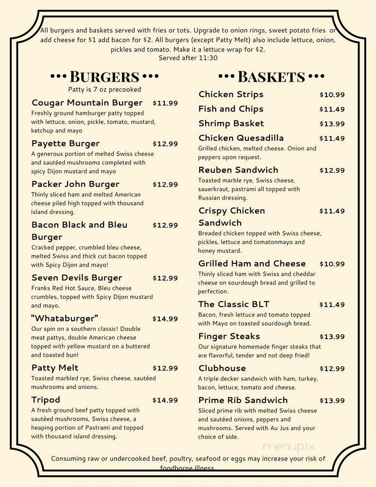 Cougar Mountain Lodge - Cascade, ID menu_pic