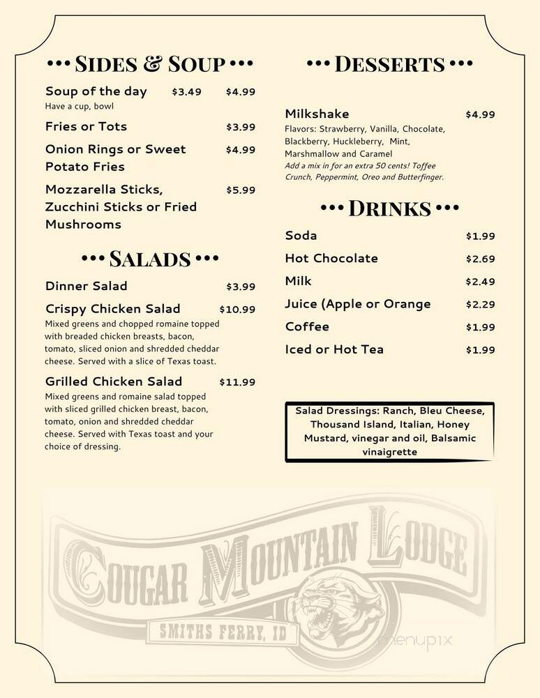 Cougar Mountain Lodge - Cascade, ID menu_pic