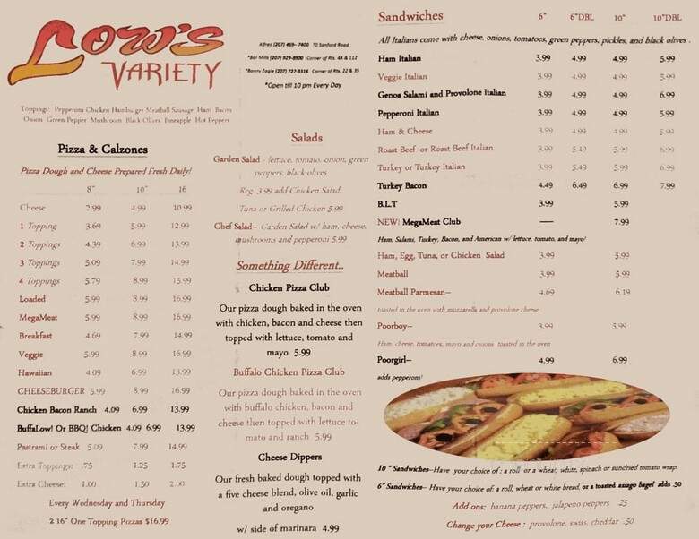 Low's Pizza & Sandwiches - Buxton, ME menu_pic