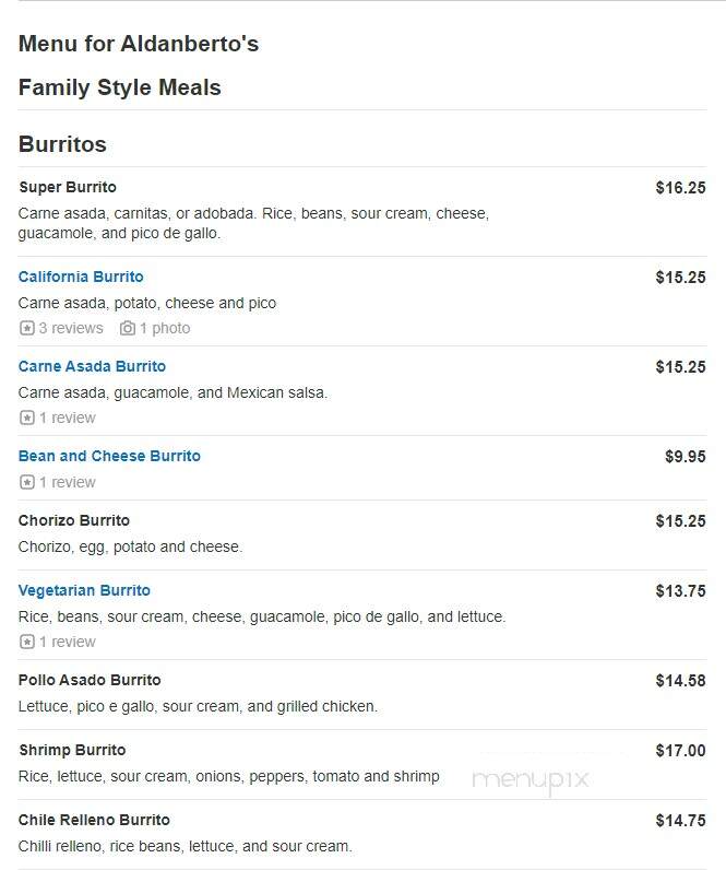 Aldanberto's Mexican Food - Carmichael, CA menu_pic