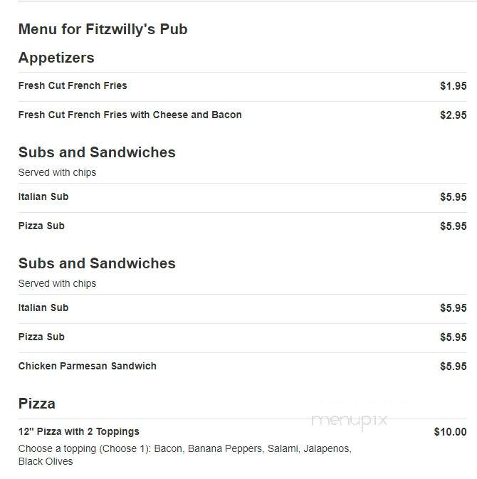 Fitzwilly's Pub - Columbus, OH menu_pic
