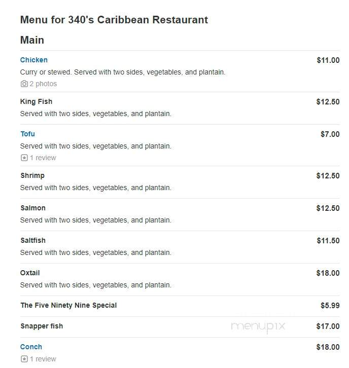 340 Caribbean Restaurant - Orlando, FL menu_pic