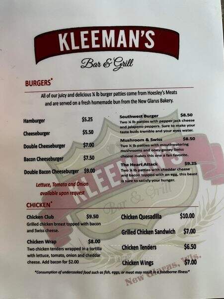 Kleeman's Bar & Grill LLC Bars - New Glarus, WI menu_pic