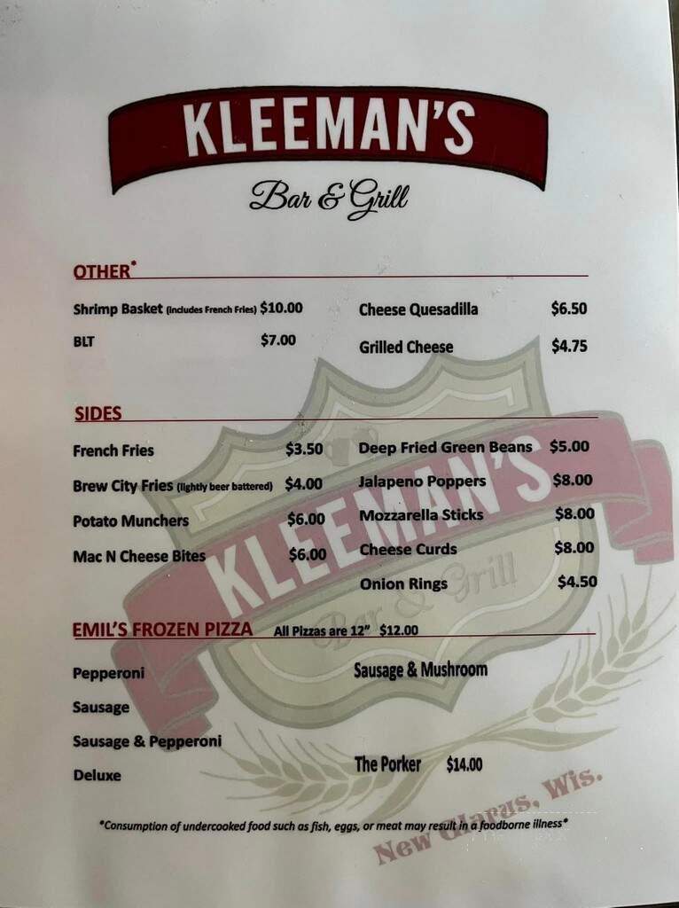 Kleeman's Bar & Grill LLC Bars - New Glarus, WI menu_pic