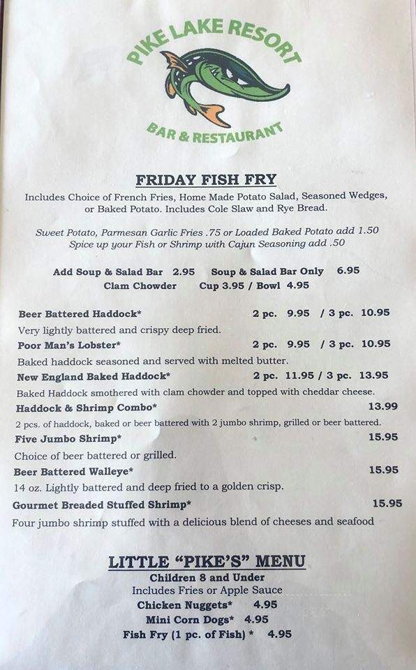 Pike Lake Resort - Hatley, WI menu_pic