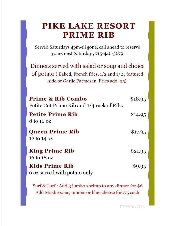 Pike Lake Resort - Hatley, WI menu_pic