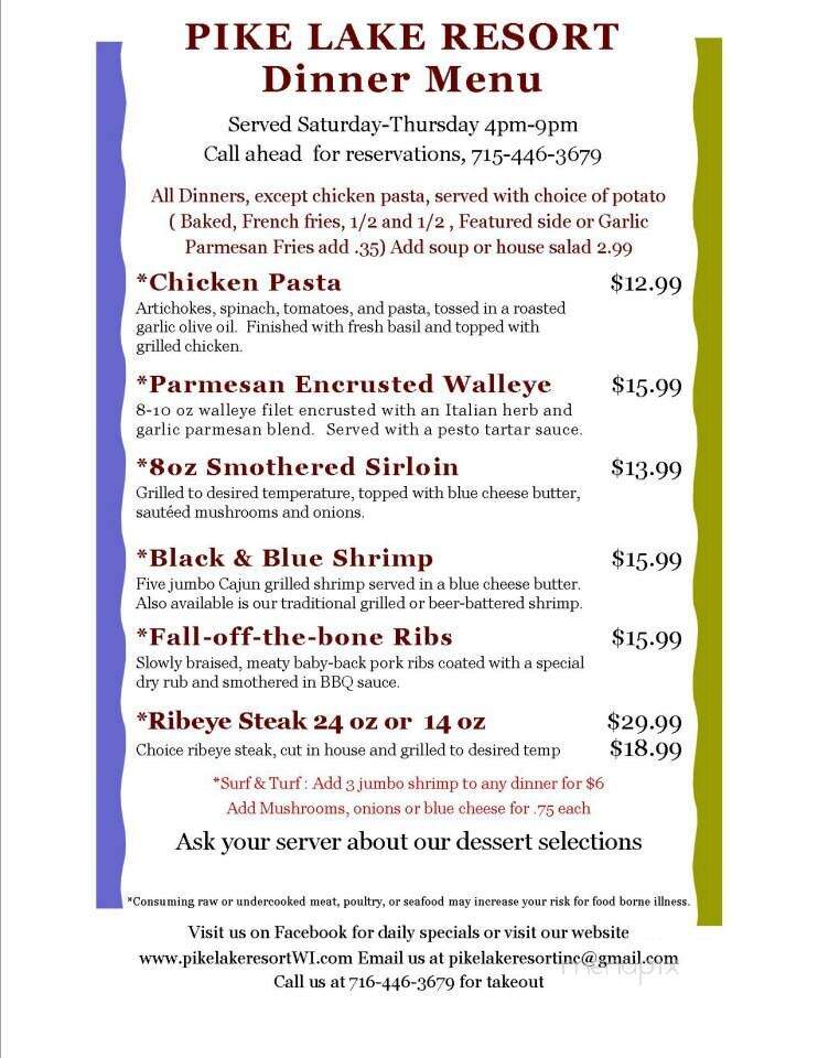 Pike Lake Resort - Hatley, WI menu_pic