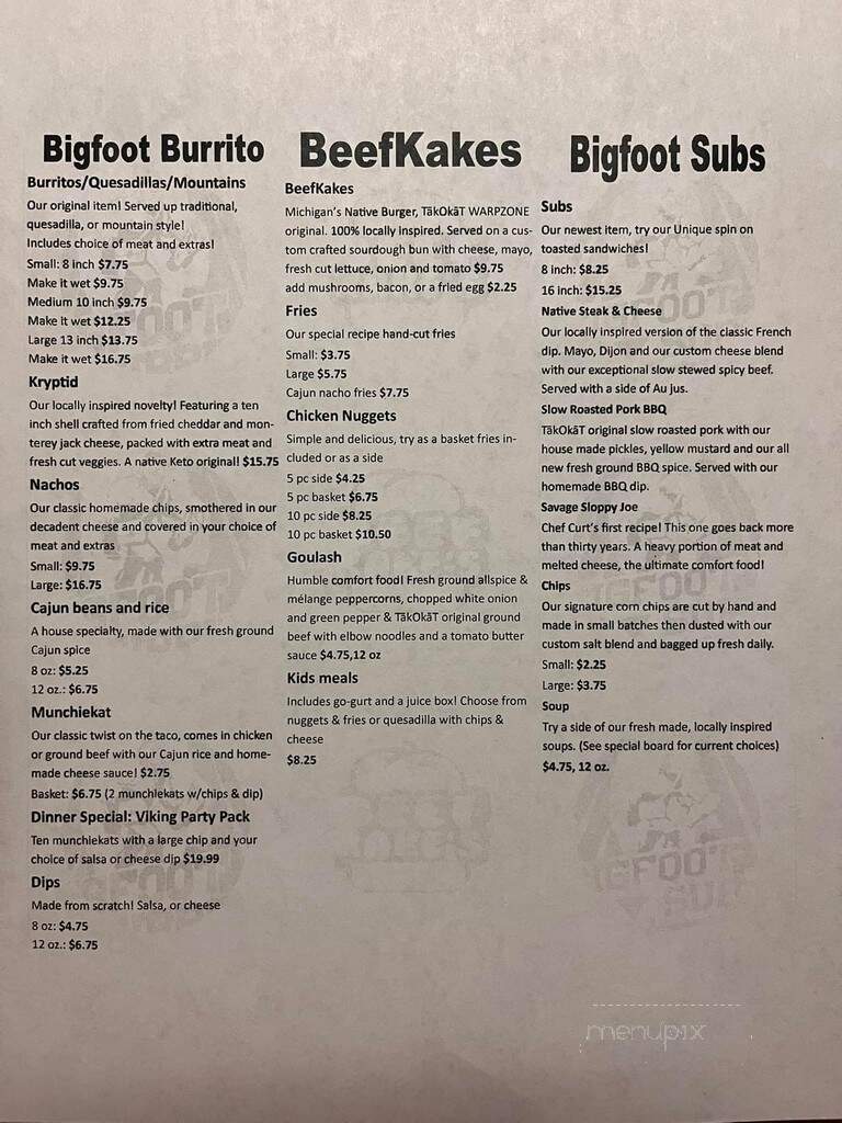 Bigfoot Burrito - Bangor, MI menu_pic