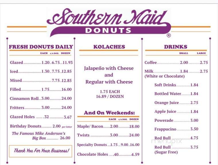 Southern Maid Donuts - Prairieville, LA menu_pic