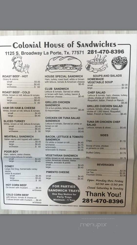 Colonial House Of Sandwiches - La Porte, TX menu_pic