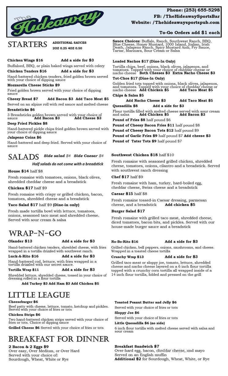 Hideaway Sports Pub & Eatery - Spanaway, WA menu_pic