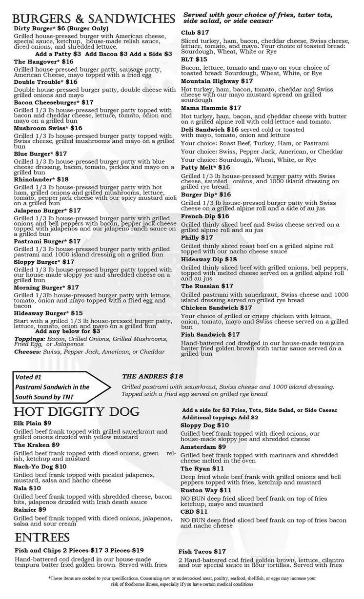 Hideaway Sports Pub & Eatery - Spanaway, WA menu_pic