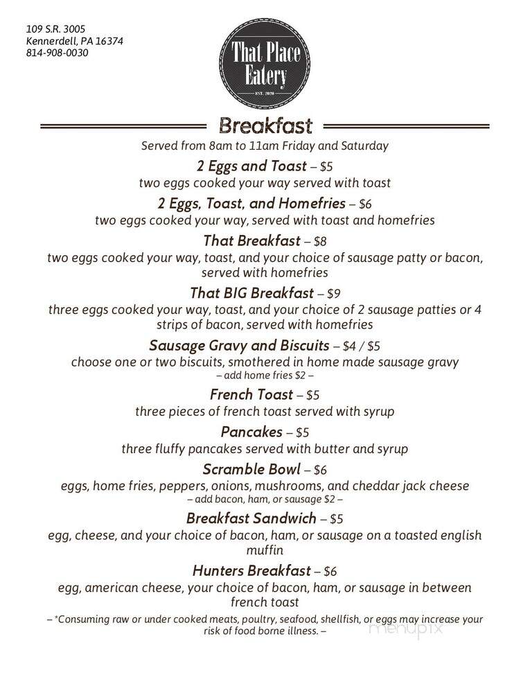 That Place Eatery - Kennerdell, PA menu_pic