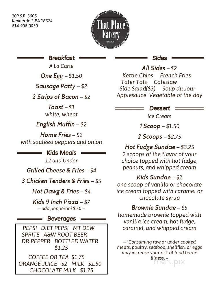 That Place Eatery - Kennerdell, PA menu_pic