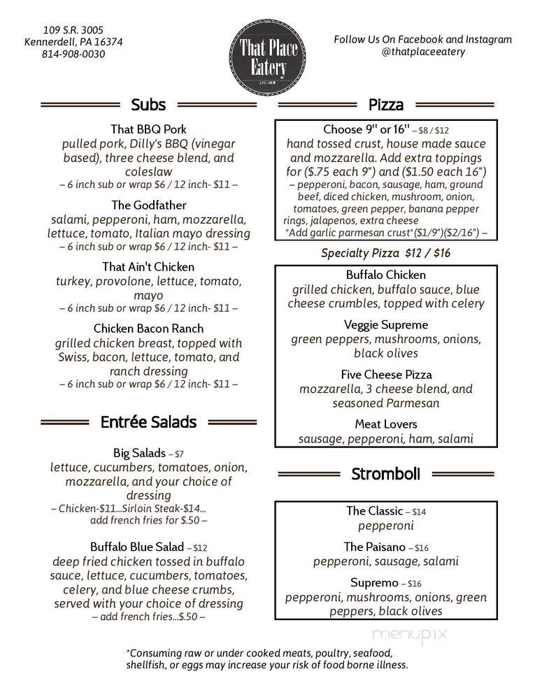 That Place Eatery - Kennerdell, PA menu_pic