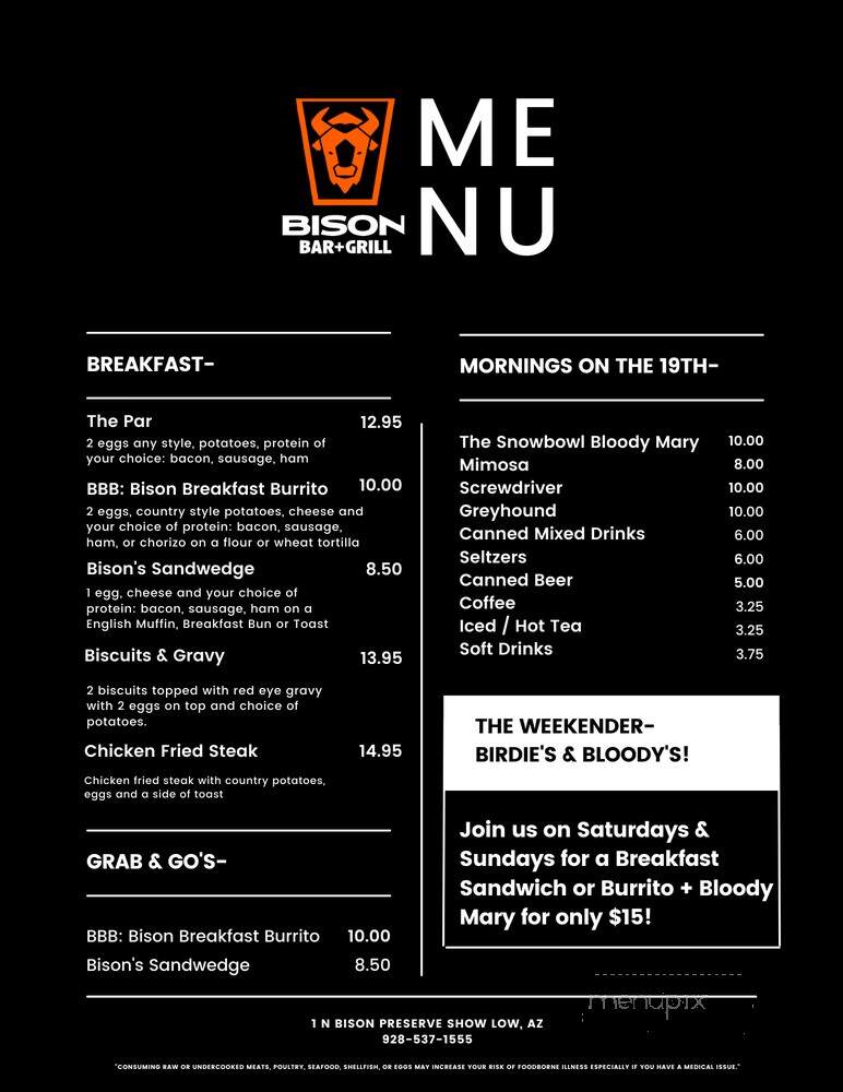 Bison Bar + Grill - Show Low, AZ menu_pic