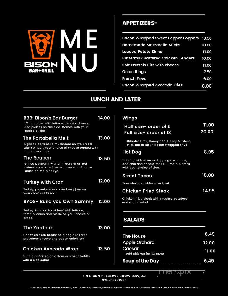 Bison Bar + Grill - Show Low, AZ menu_pic
