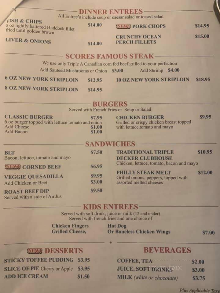 The Score Bar Grill - London, ON menu_pic