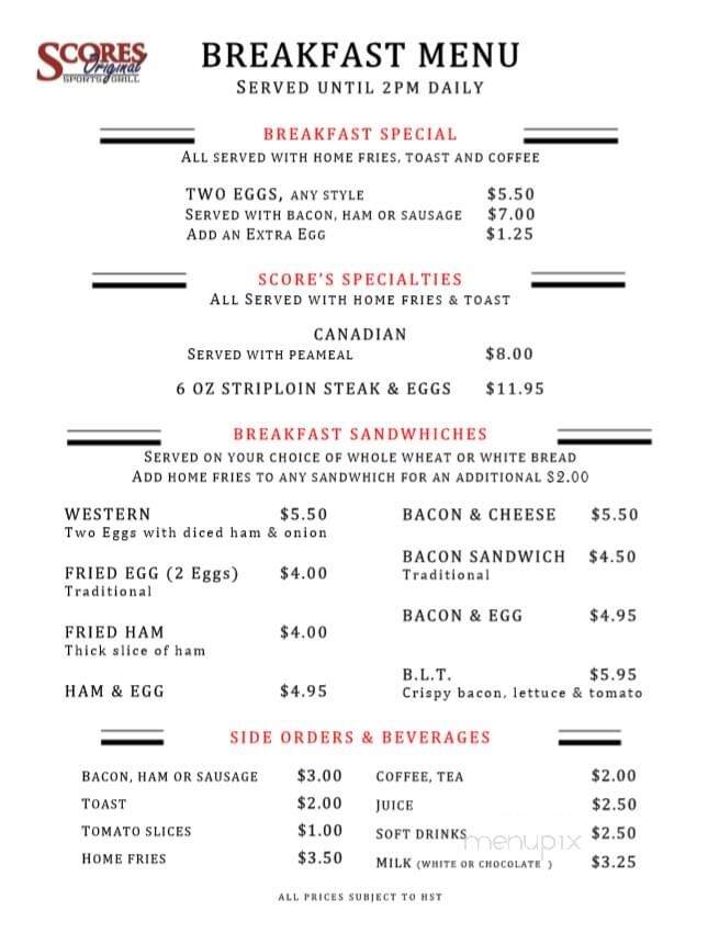 The Score Bar Grill - London, ON menu_pic