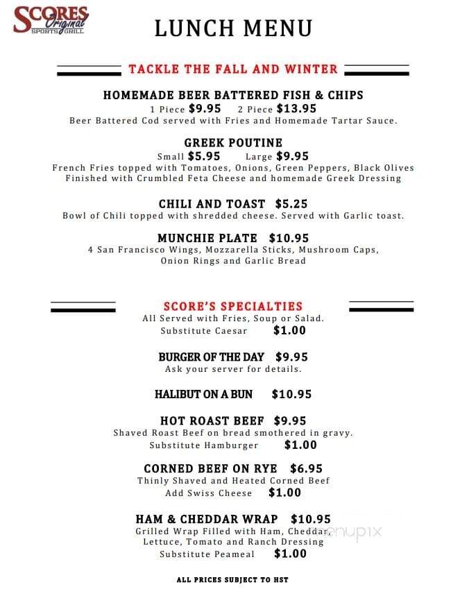 The Score Bar Grill - London, ON menu_pic